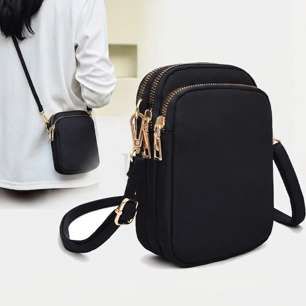 Mini Crossbody Phone Bag Nylon Three Layer Zipper Small Shoulder Purse Solid Color Lightweight For Women