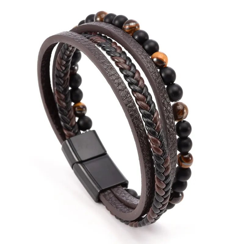 Men Multilayer Leather Bracelet With Natural Tiger Eye Beads Braided Cord Alloy Magnetic Clasp Vintage Fashion Jewelry
