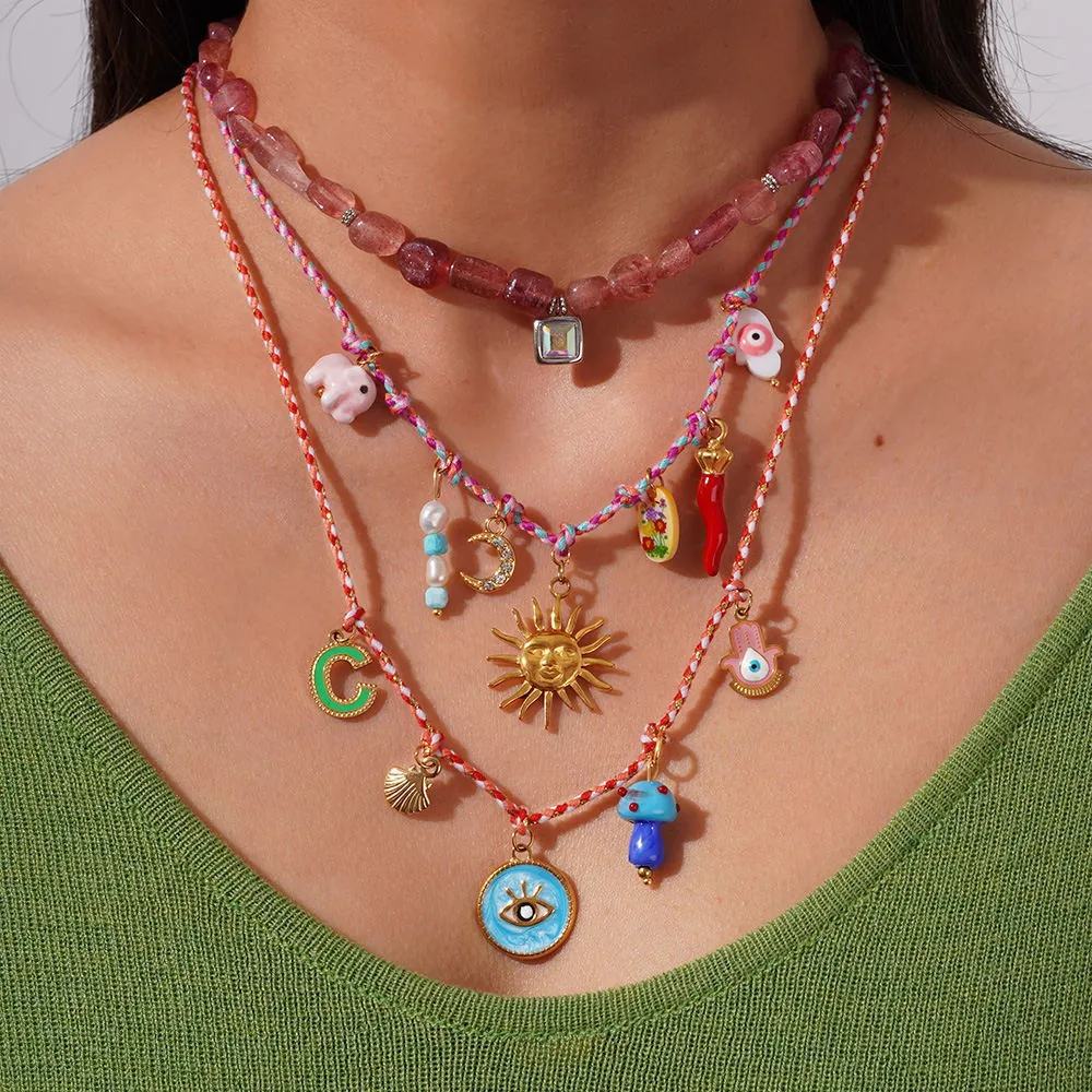 Bohemian Layered Necklace Stainless Steel Pink Crystal Natural Stone Pendant Sun Moon Evil Eye Hamsa Ethnic Jewelry Women