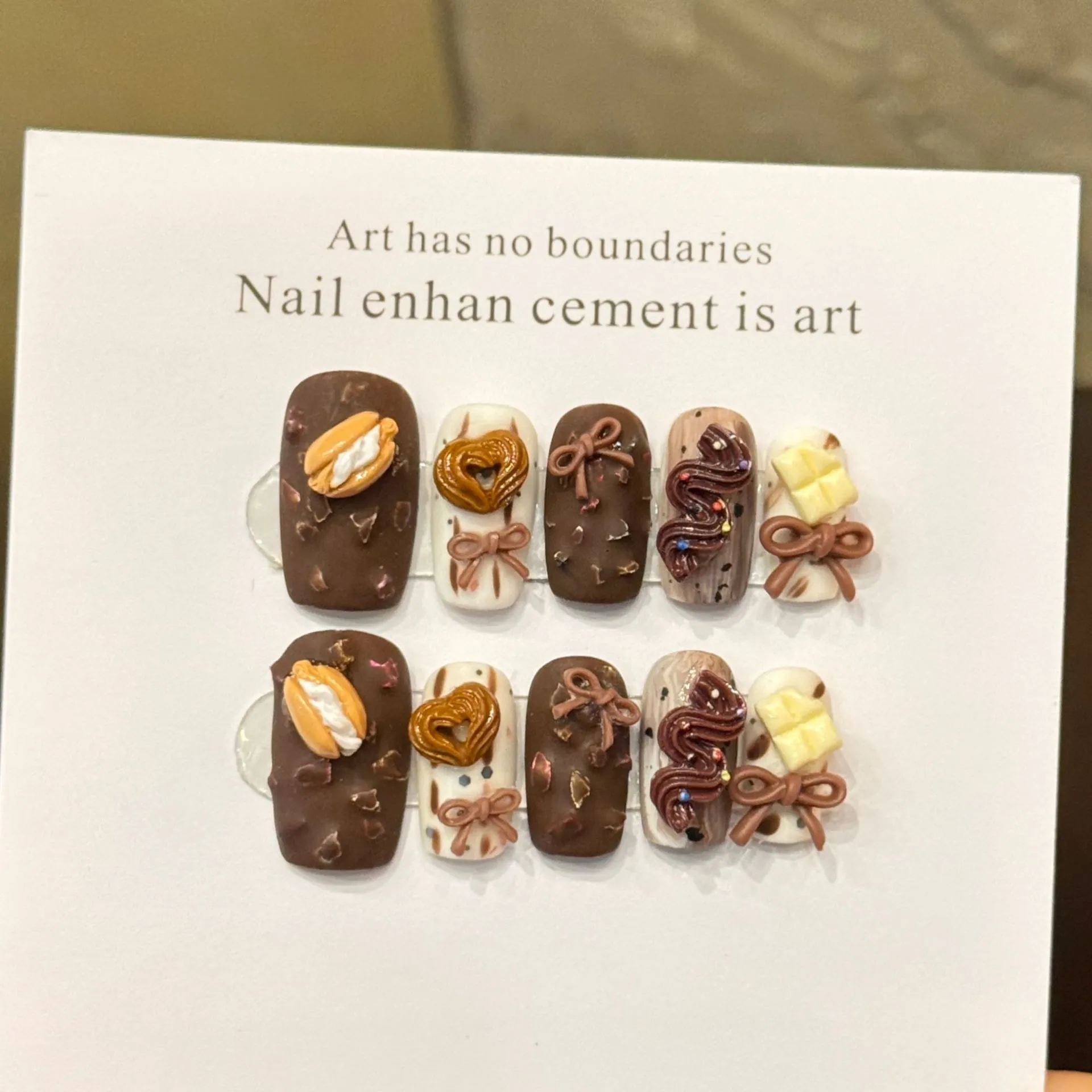 Handmade 3D Chocolate Dessert Press On Nails Short Squoval Sweet Kawaii Embossed Nail Stickers Reusable DIY Manicure For Women