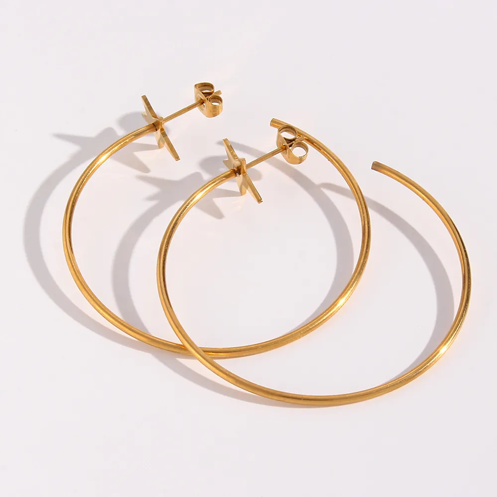 Stainless Steel Hoop Earrings With Star Stud Large Circle Polished Minimalist INS Trendy Jewelry For Women