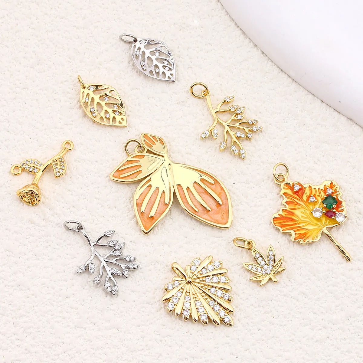 Leaf Heart Rose Charms Gold Plated Copper Enamel Cubic Zirconia DIY Jewelry Making Necklace Keychain Accessories Women