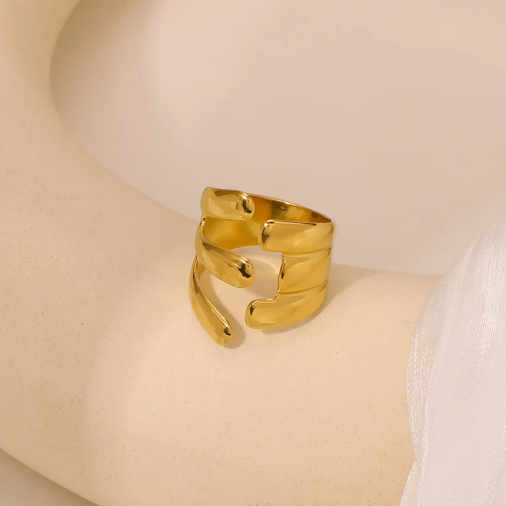 Asymmetrische Lijnen Open Ring Roestvrij Staal 18K Verguld Meerlaags Geometrisch Organisch Sieraden Voor Dames