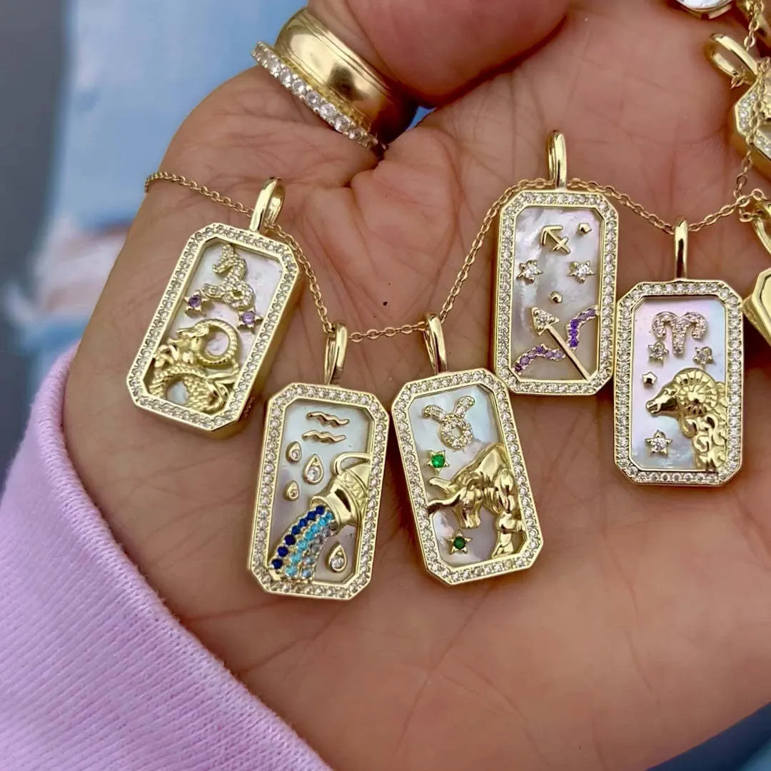 Zodiac Constellation Pendant Necklace Gold Plated Copper Enamel Rhinestone Pave Rectangular Tag Jewelry For Women