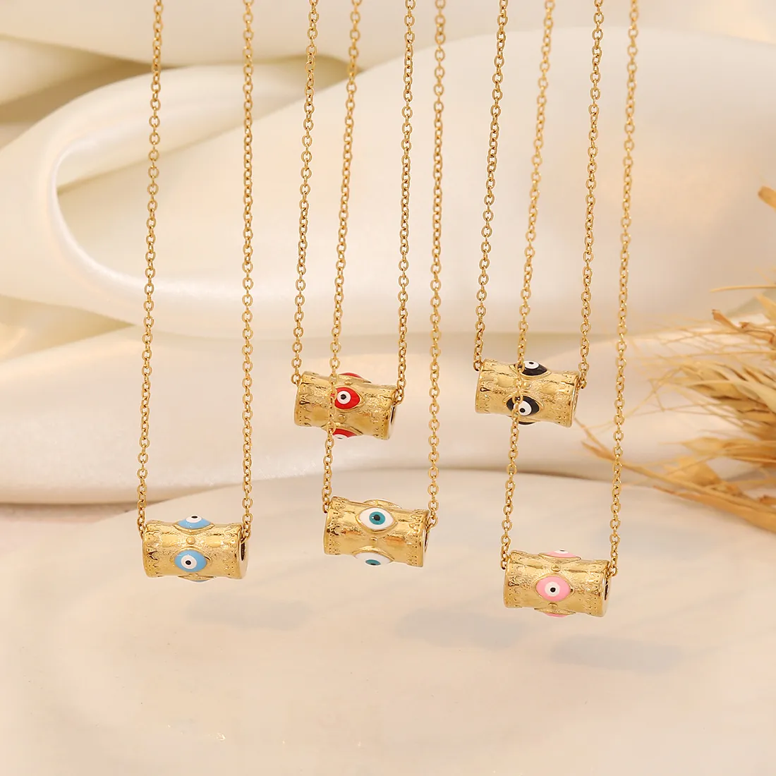 Collier Pendentif Cylindre Mauvais Œil en Acier Inoxydable Or Émail Œil Charme Bijoux pour Femmes