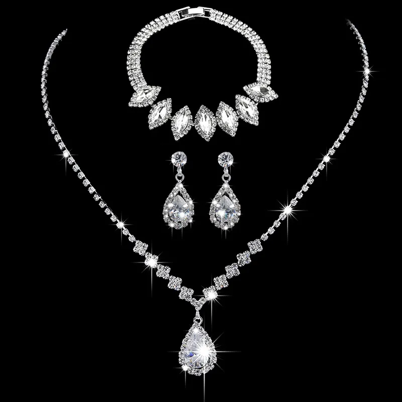 Waterdrop Jewelry Collection Copper Zircon Rhinestone Bridal Wedding Elegant Necklace Earrings Bracelet Ring For Women