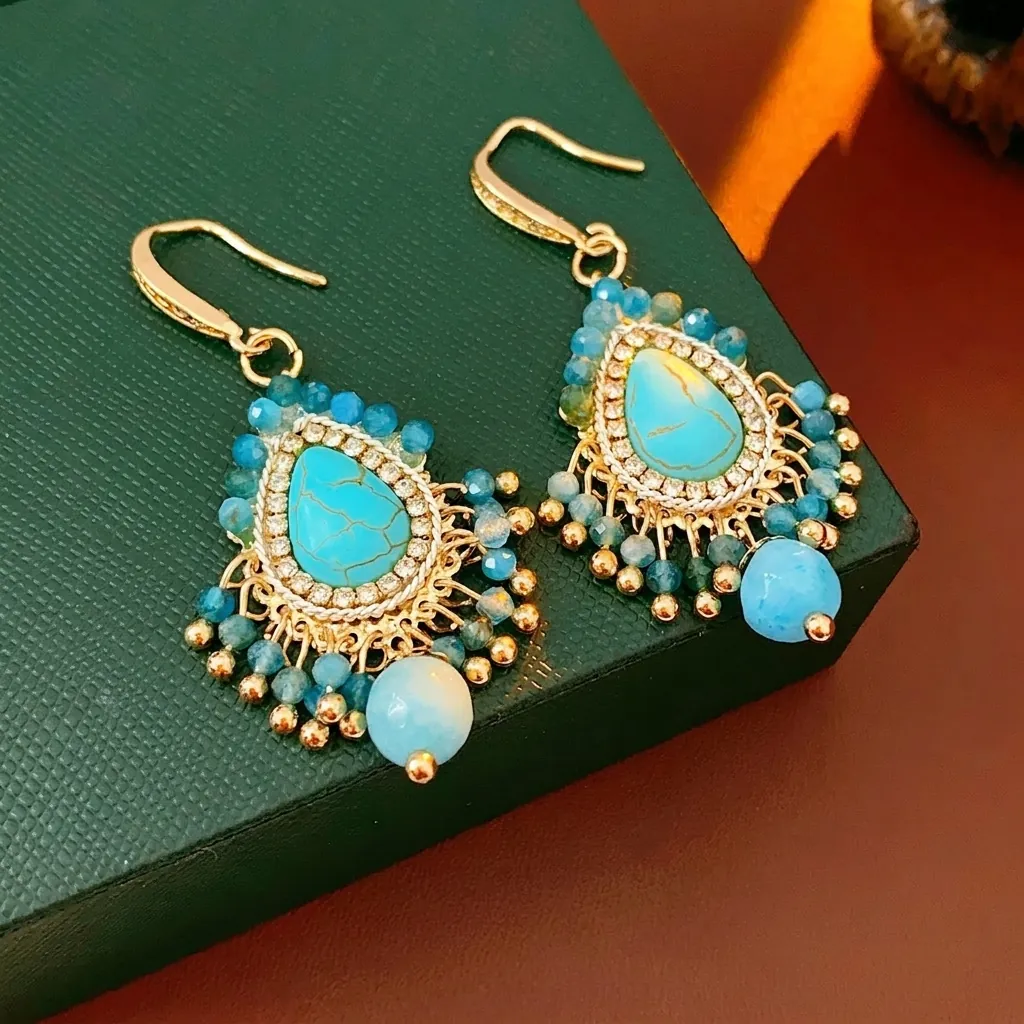Boucles D'oreilles Bohèmes À Gland Avec Tige En Argent Cuivre Turquoise Synthétique Strass Fleur Style Rétro Femmes
