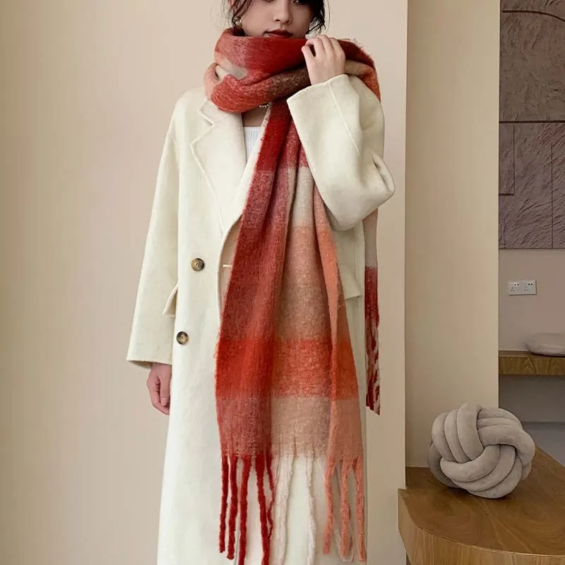Écharpe À Carreaux Châle Polyester Imitation Cachemire Franges Large Chaud Épais Hiver Mode Pour Femmes