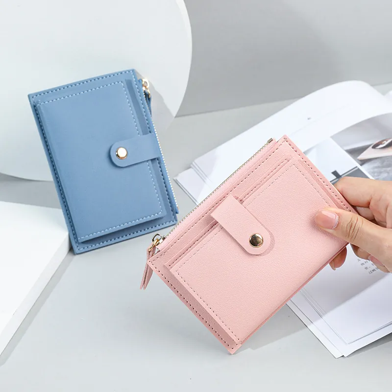 Women Short Wallet Slim PVC Leather Multi Card Slots Zipper Coin Purse Snap Closure Minimalist Daily Fashion