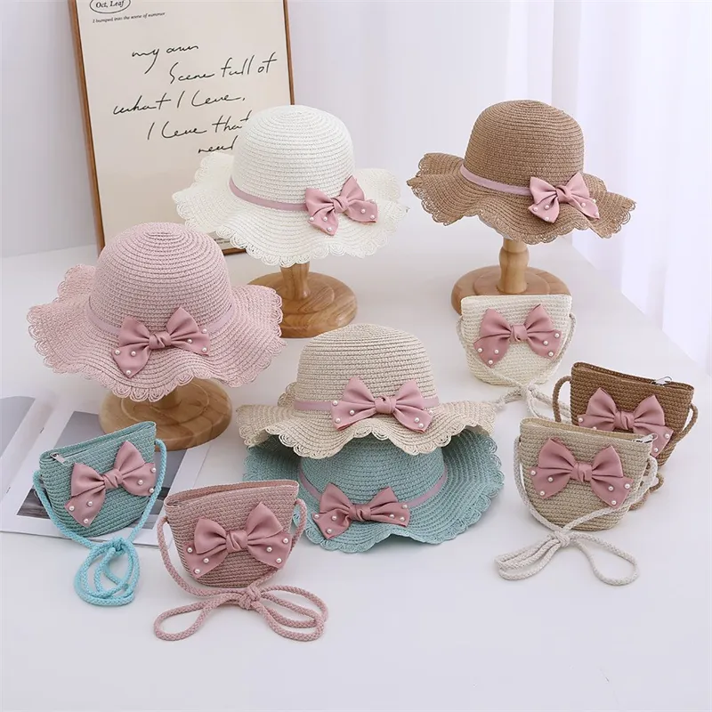 Kids Straw Hat And Bag Girls Sun Protection Wide Wavy Brim Sweet Bow Artificial Pearl Decoration Summer Beach Vacation Princess