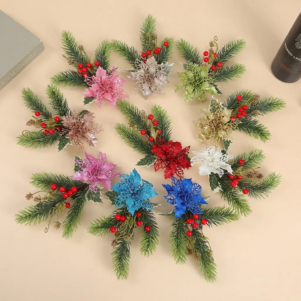 Artificial Christmas Flower Picks Pine Needles Red Berries Poinsettia Stems Glitter Plastic Holiday Tree Decorations