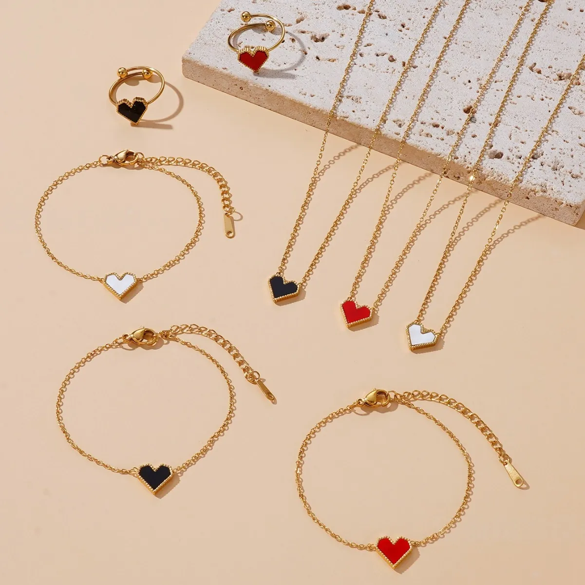 Collier Bracelet Et Bague Cœur Minimaliste En Acier Inoxydable Plaqué Or Nacre Élégant Accessoire Pour Femmes