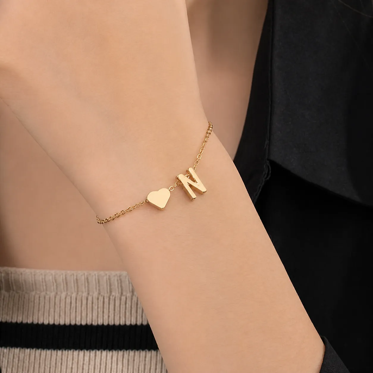 Pulsera de Letras de Acero Inoxidable Minimalista para Mujer Colgante de Corazón Personalizado Joyería DIY Cadena de Mano Oro Plata