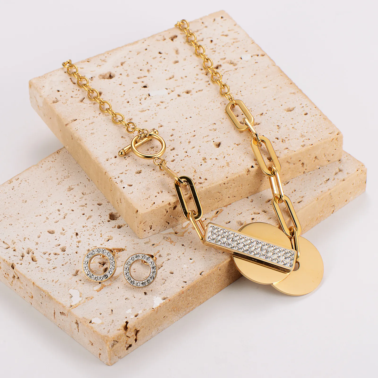 Parure Collier Et Boucles D'oreilles Guitare Trombone Cercle Acier Inoxydable 304 Strass Incrusté Plaqué Or 18K Punk