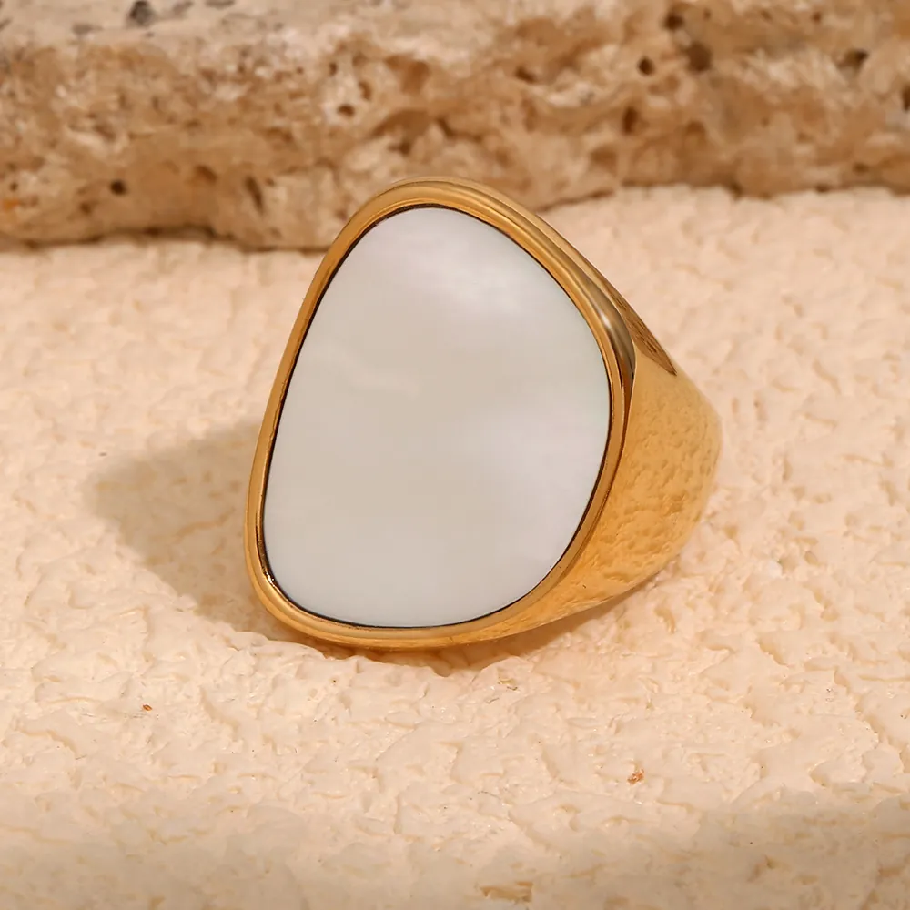 Chunky Breiter Ring Edelstahl 18K Vergoldet Unregelmäßige Perlmutt Schale Organischer Geometrischer Schmuck Für Damen