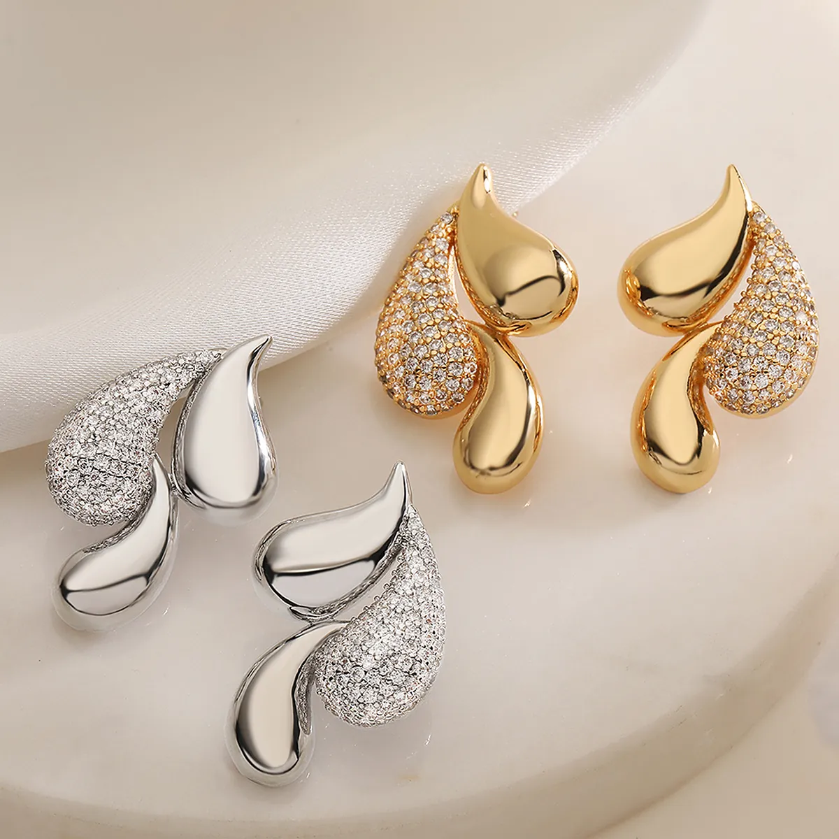 Geometric Water Drop Stud Earrings Copper Gold Plated Irregular Cubic Zirconia Fashion Jewelry For Women