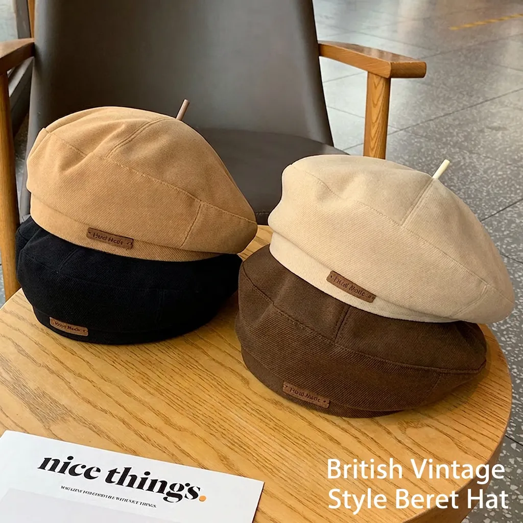 Vintage Beret Hat British Style Twill Cotton Adjustable Painter Artist Cap With Handmade Leather Patch For Women Men