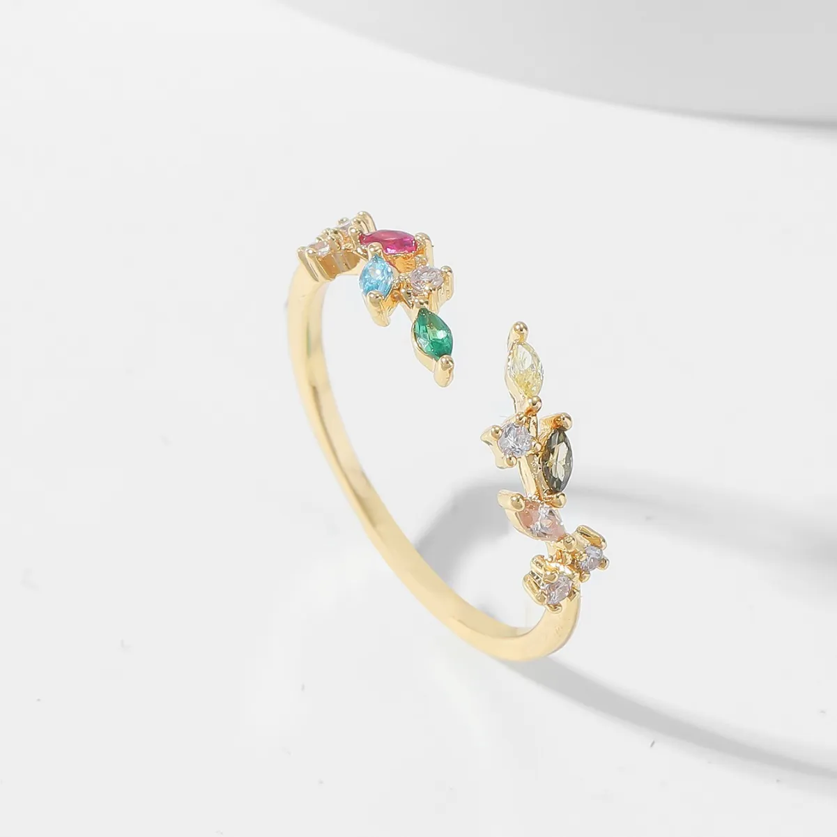 Elegant Copper Leaf Open Ring With Colorful Marquise Zirconia Fashion Minimalist Branch Adjustable Jewelry Women