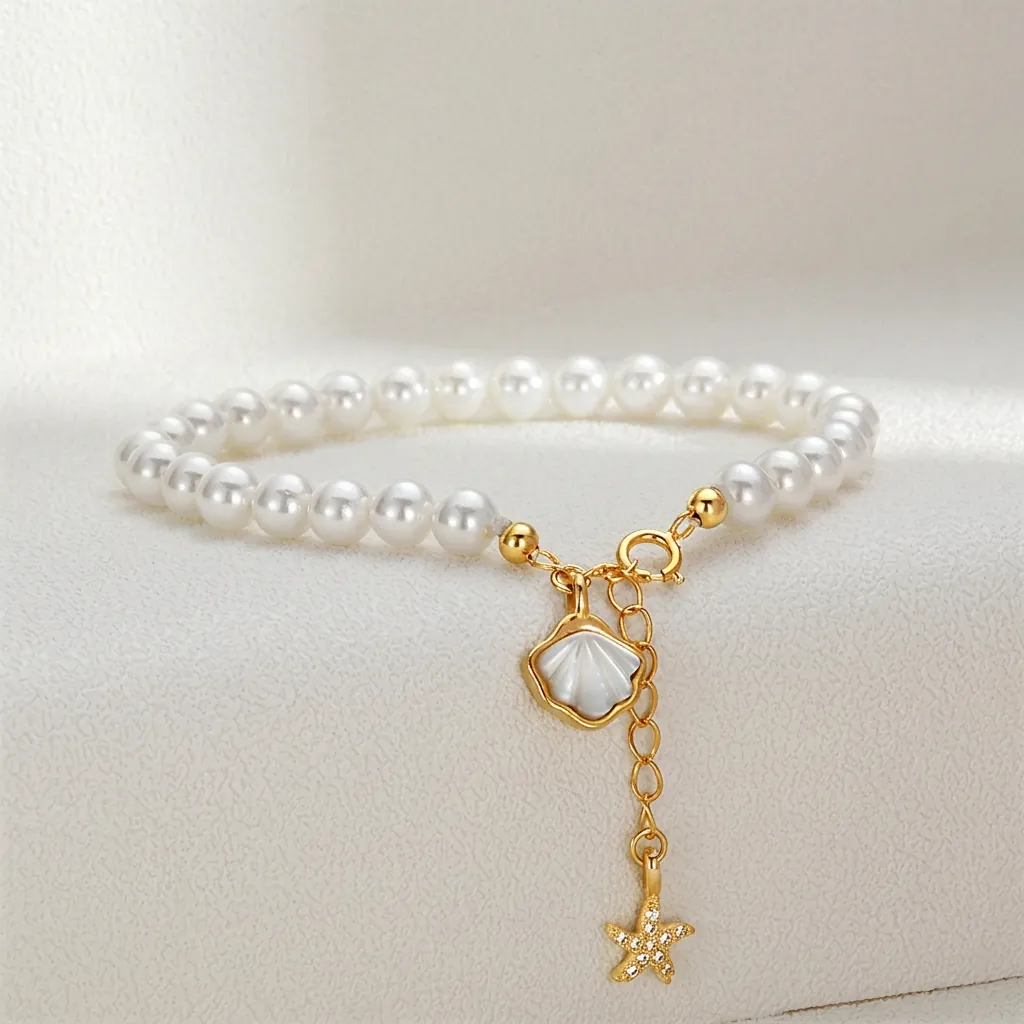 Women S925 Sterling Silver Freshwater Pearl Bracelet With Starfish Shell Pendants Elegant Rhinestone Ocean Jewelry Gift