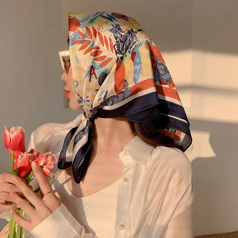 French Vintage Paisley Printed Faux Satin Square Scarf Satin Bandana For Hair Handbag Headwear Neckwear