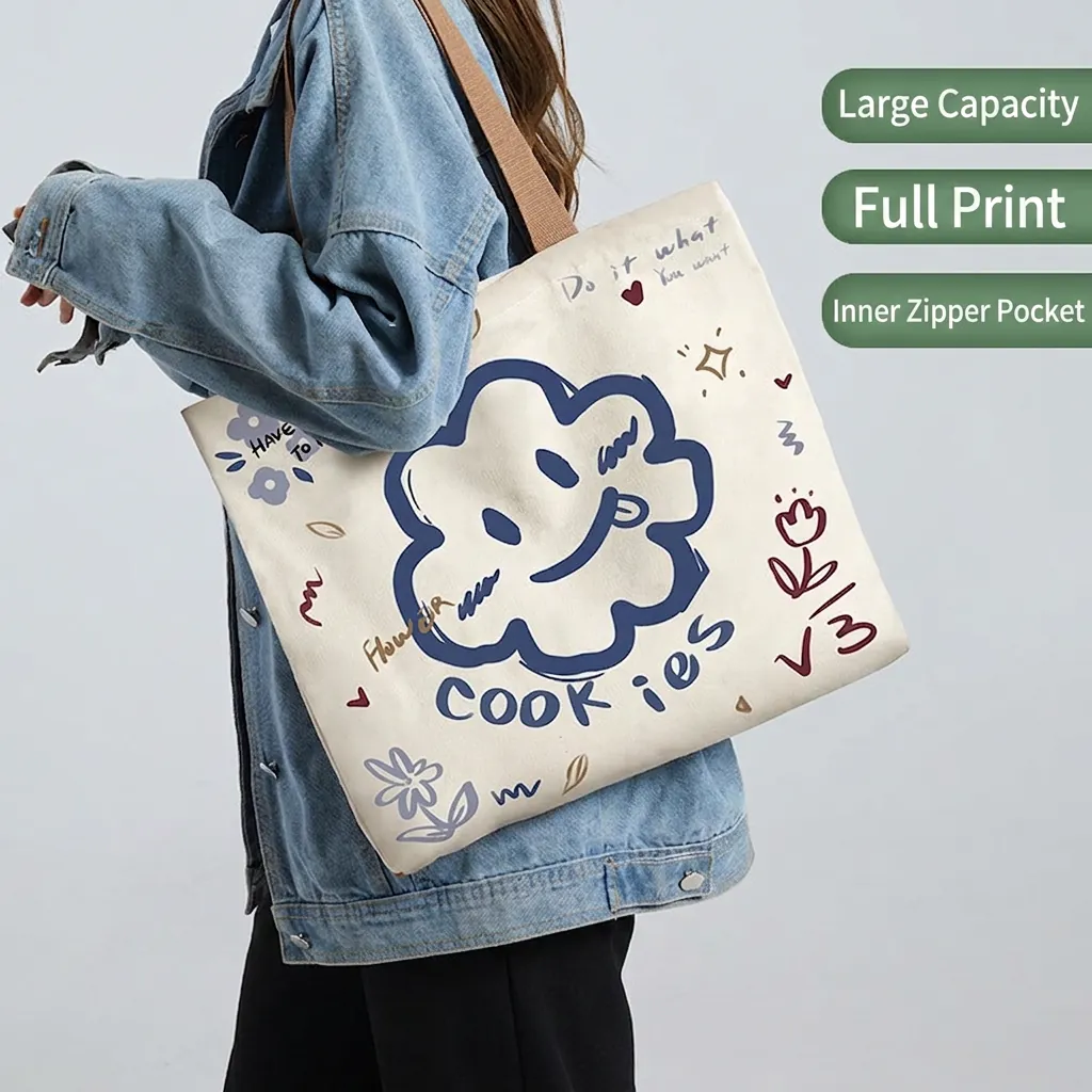 Spacious Canvas Tote Bag Cartoon Print Aesthetic Shoulder Handbag For Women Casual Daily Student Use Zip Closure