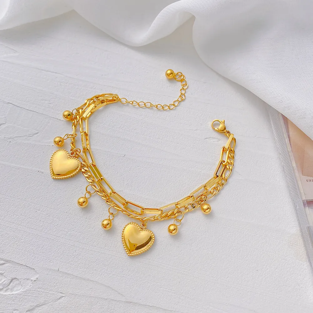 Layered Heart Pendant Bracelet Stainless Steel Beads Adjustable Retro Elegant Fashion Jewelry For Women