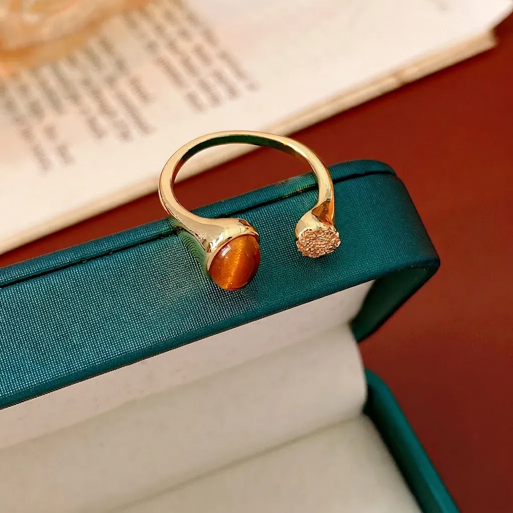 Bague Ouverte Rétro Française Avec Pierre Oeil De Tigre Et Zircon Cuivre Bijoux Asymétriques Réglables Pour Femmes Elégant