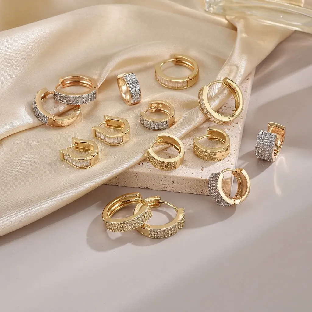 Exquisite Geometric Huggie Hoop Earrings Gold Plated Brass With Cubic Zirconia For Women Elegant Fashion Vintage Style