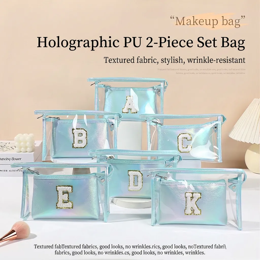 Borsa Trucco PVC Trasparente Olografica Pochette PU Laser Patch Lettera Ciniglia Grande Capacità Organizzatore Viaggio