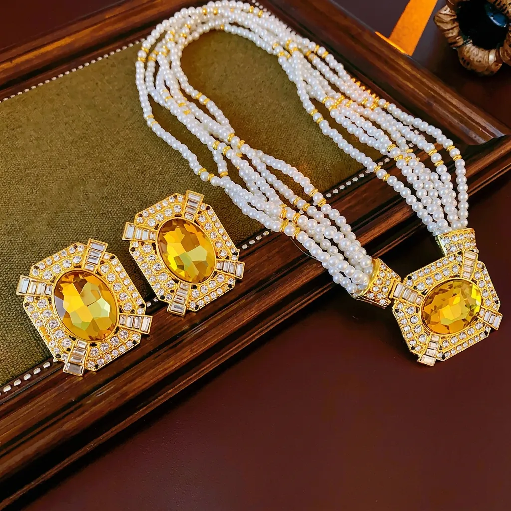 Set Collana Künstliche Perle Imitazione Multifilo Orecchini Grande Cristallo Giallo Strass Lega Perno Argento Donna