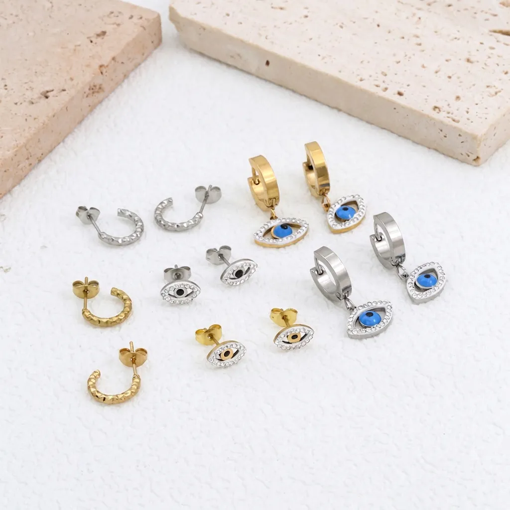 Hip Hop Evil Eye Stainless Steel Stud Earrings Gold Silver Plated Rhinestone Fashion Jewelry For Women Girls Accessories