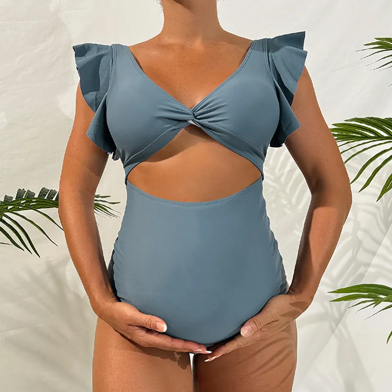 Maillot De Bain Une Pièce Maternité Nylon Polyester Manches À Volants Découpe Avant Côté Froncé Pour Femmes Enceintes