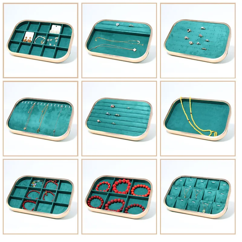 Jewelry Display Tray Aluminum Alloy Velvet Storage Organizer For Rings Necklaces Bracelets Emerald Green Gold Luxury