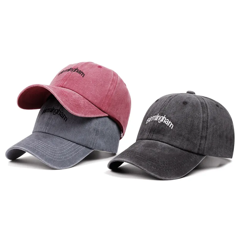 Vintage Washed Cotton Baseball Cap Birmingham Embroidery Distressed Adjustable Hat Unisex Casual Sun Protection
