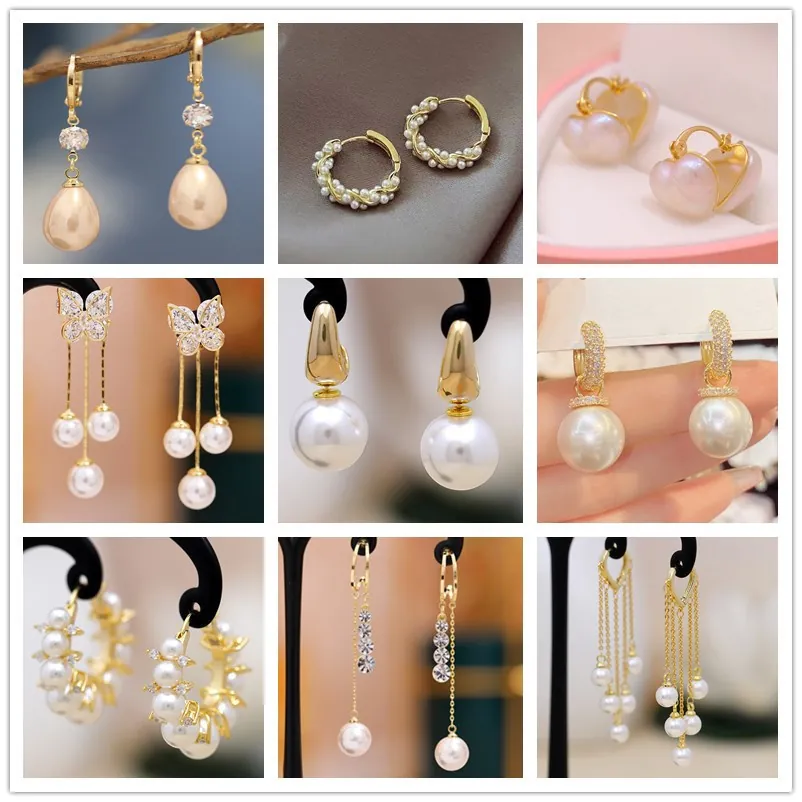 Elegant Artificial Pearl Drop Earrings With 925 Sterling Silver Earring Post Copper Gold Plated Zircon Inlaid Fashion Accessories For Women