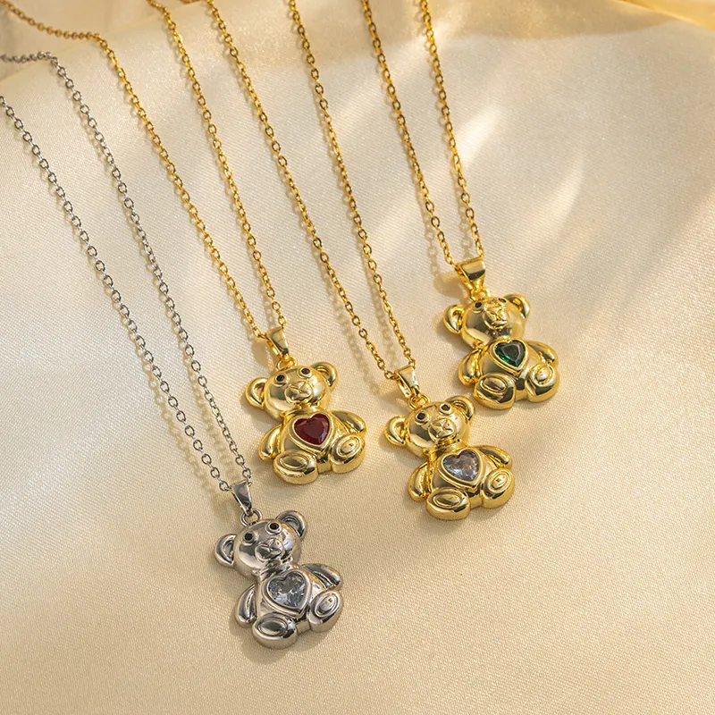 Titanstahl Teddybär Anhänger Halskette Für Damen Herz Strass Gold Silber Galvanisiert Schlüsselbein Kette Mode Schmuck Geschenk