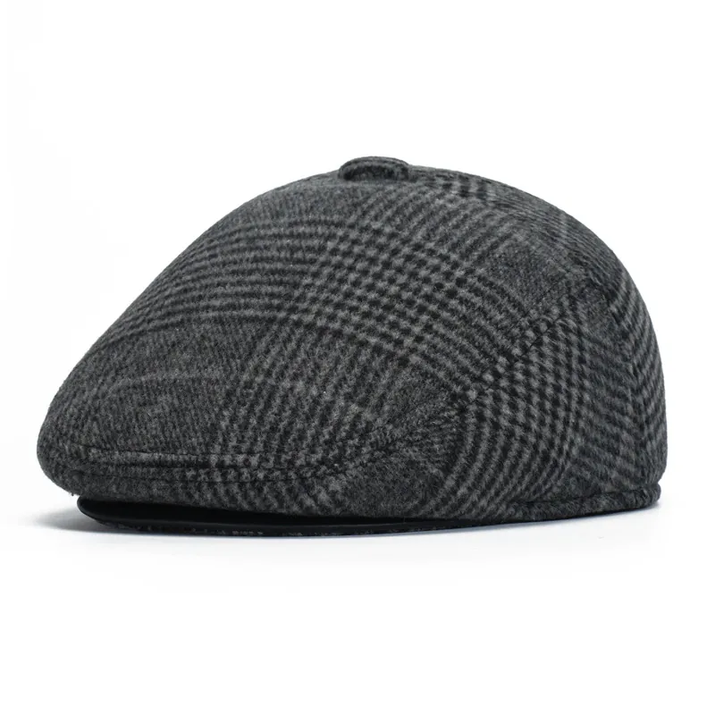 Men Vintage Flat Cap Ivy Newsboy Hat Winter Warm Fleece Lined Woolen Blend Checkered Herringbone Outdoor Forward Cap