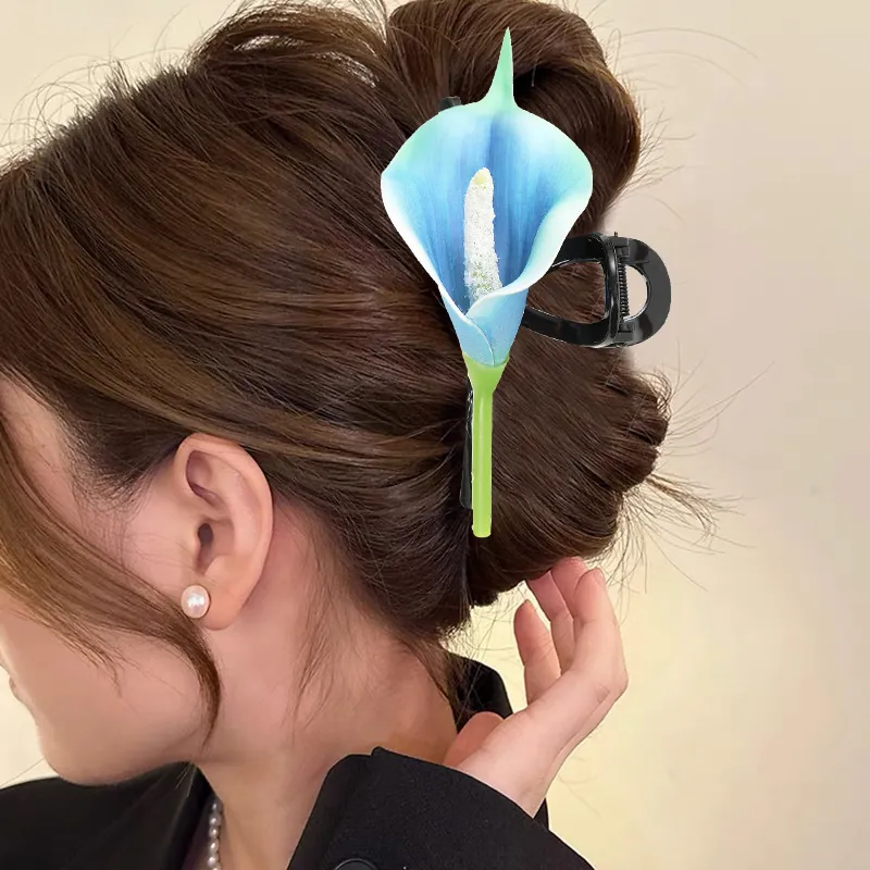 Artificial Calla Lily Flower Hair Claw Clip Elegant Large Resin Shark Grip Hawaiian Summer Travel Hairpin For Women