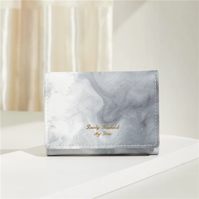 Women Short Tri-fold Wallet Marble Pattern PU Leather Slim Card Holder Golden Lettering Purse