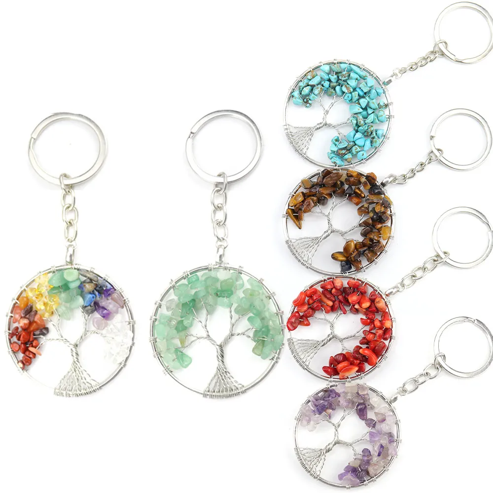 Porte-Clés Arbre De Vie Pierre Naturelle Fil De Cuivre Enveloppé Pendentif Rond Sac Charme Bijoux Bohème Accessoire Cadeau