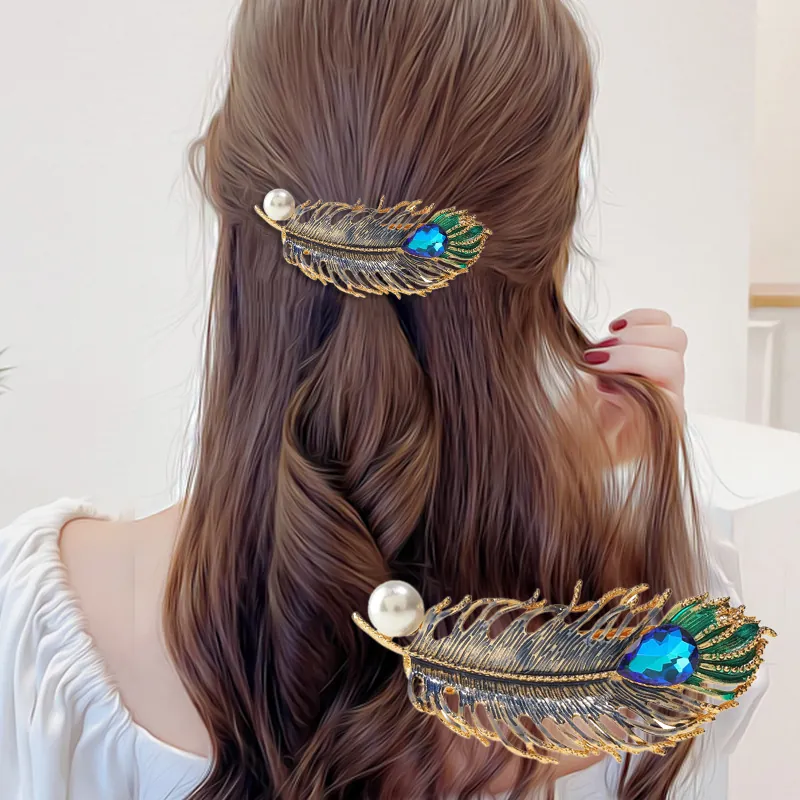 Vintage Feather Leaf Hair Clip Zinc Alloy Rhinestone Glass Artificial Pearl Enamel Spring Hairpin For Women