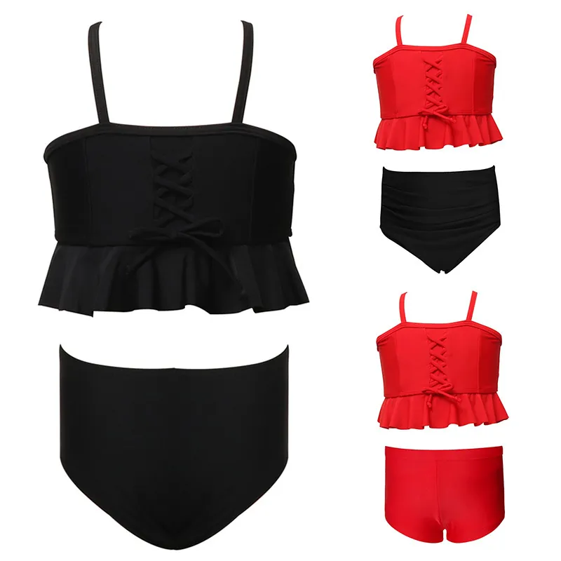 Girls Swimsuit Ruffle Lace Up Bikini Nylon Kids Beach Swimwear High Waist Solid Color Quick Dry Breathable