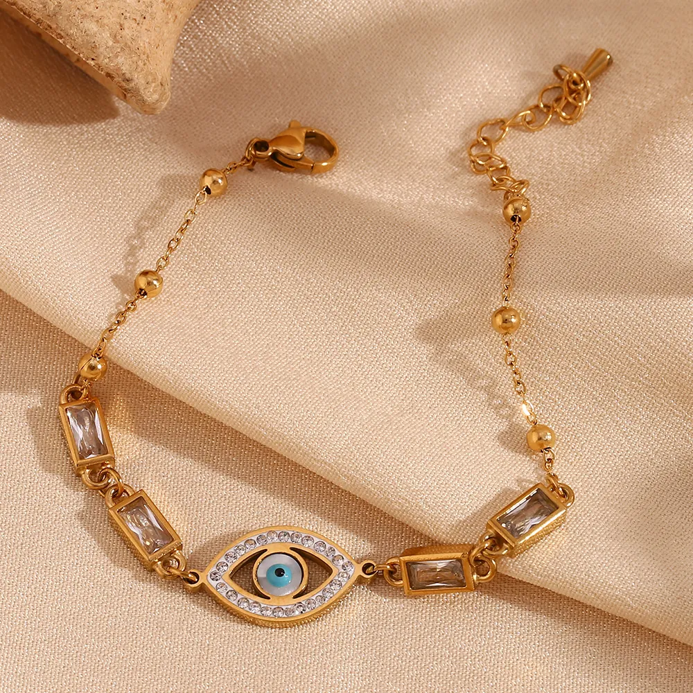 Stainless Steel 18K Gold Plated Evil Eye Bracelet For Women Rectangular Rhinestone Charm Adjustable Link Chain Jewelry