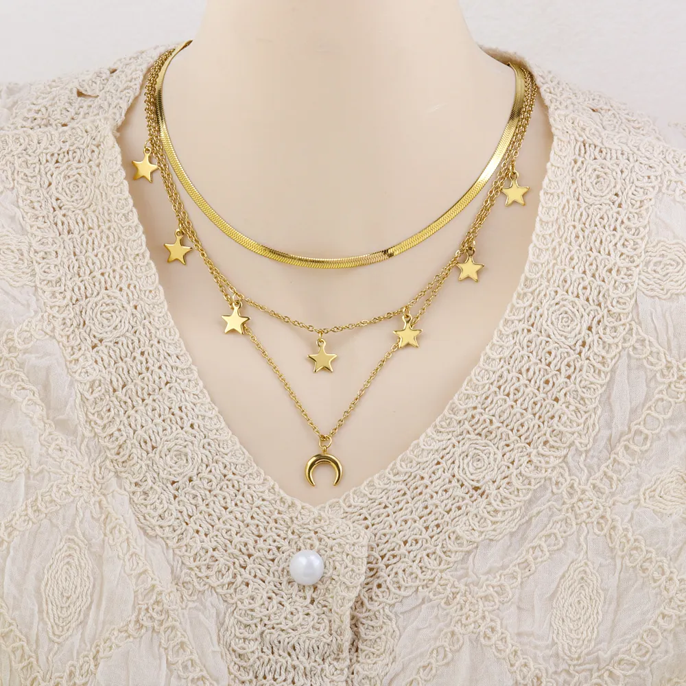 Collier Pendentif Multi-Rangs Acier Inoxydable Étoile Et Croissant De Lune Chaîne Serpent Bijoux Plaqués Or Pour Femme
