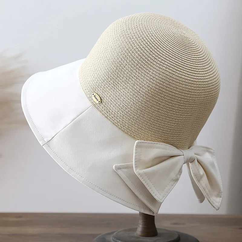 Women Bucket Hat Straw Fabric Patchwork Large Bow Sun Protection Wide Brim Beach Summer Travel Elegant Sun Hat