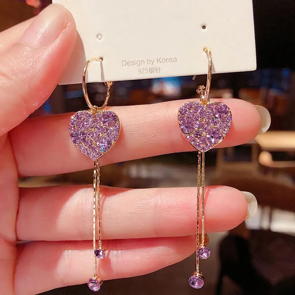 Boucles Oreilles Longues À Franges Avec Strass Et Tige En Argent Sterling 925 Forme Cœur Bijoux Mode Femme