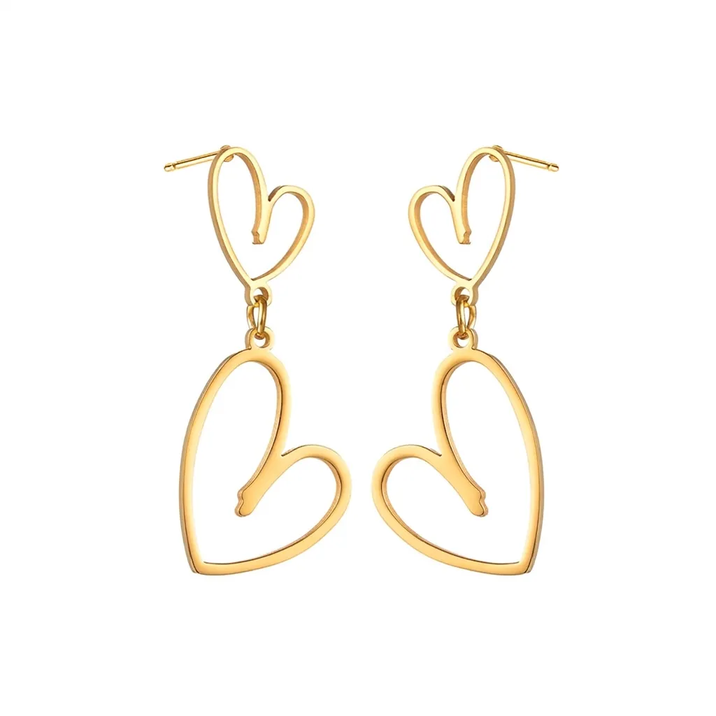 Vintage Palace Style Double Heart Hollow Drop Earrings 18K Gold Plated Stainless Steel Irregular Jewelry For Women