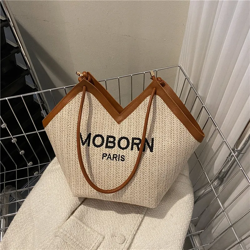 Woven Straw Tote Bag Large Capacity V Shaped Shoulder Bag Women Casual Summer Beach Vacation Letter Print MOBORN PARIS
