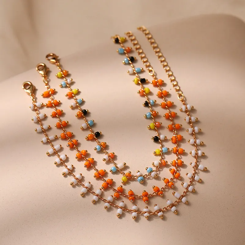 Bohemian Colorful Seed Bead Bracelet For Women Ethnic Handmade Copper 18K Gold Plated Adjustable Chain Bracelet Jewelry Accessory