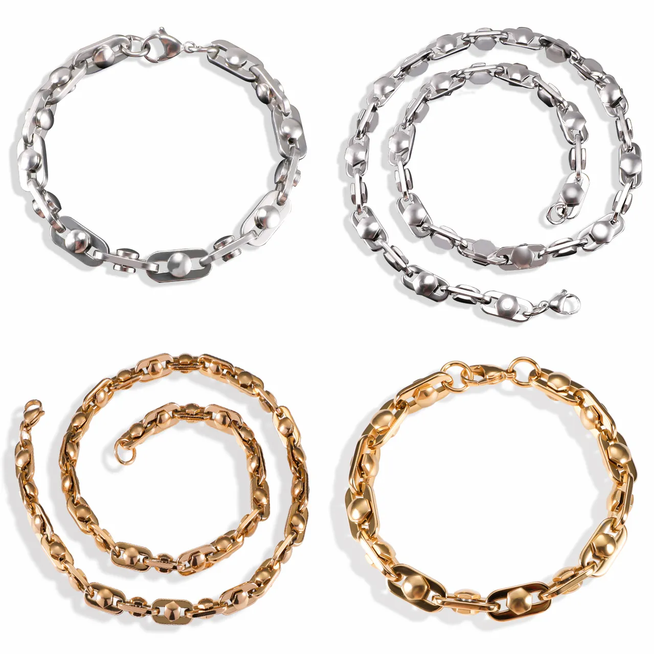 Stainless Steel Necklace And Bracelet For Men Chunky Flat Link Hip Hop Punk Style High Polished Durable Jewelry